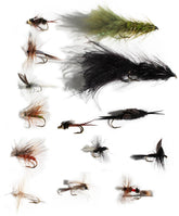 Front view of Flies Direct Trout Fly Assortment (2-Dozen) Blue with assorted trout fly patterns