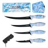 FLISSA fillet knife set displayed with a blue camo roll bag