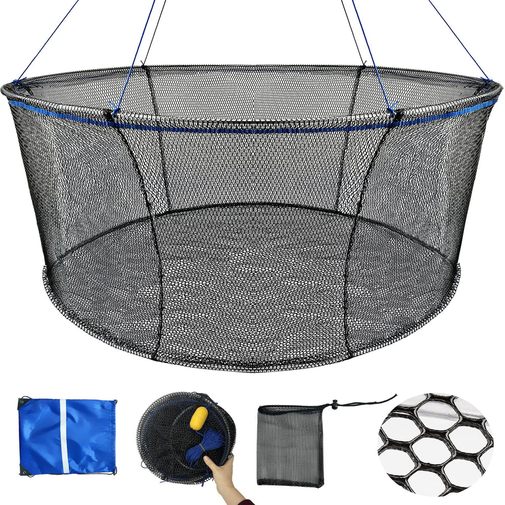 Folding floating fishing net with 28x32 inch top opening