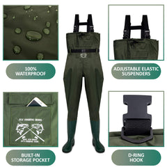 Fly Fishing Hero chest waders integrated boots provide stable footing on slippery banks