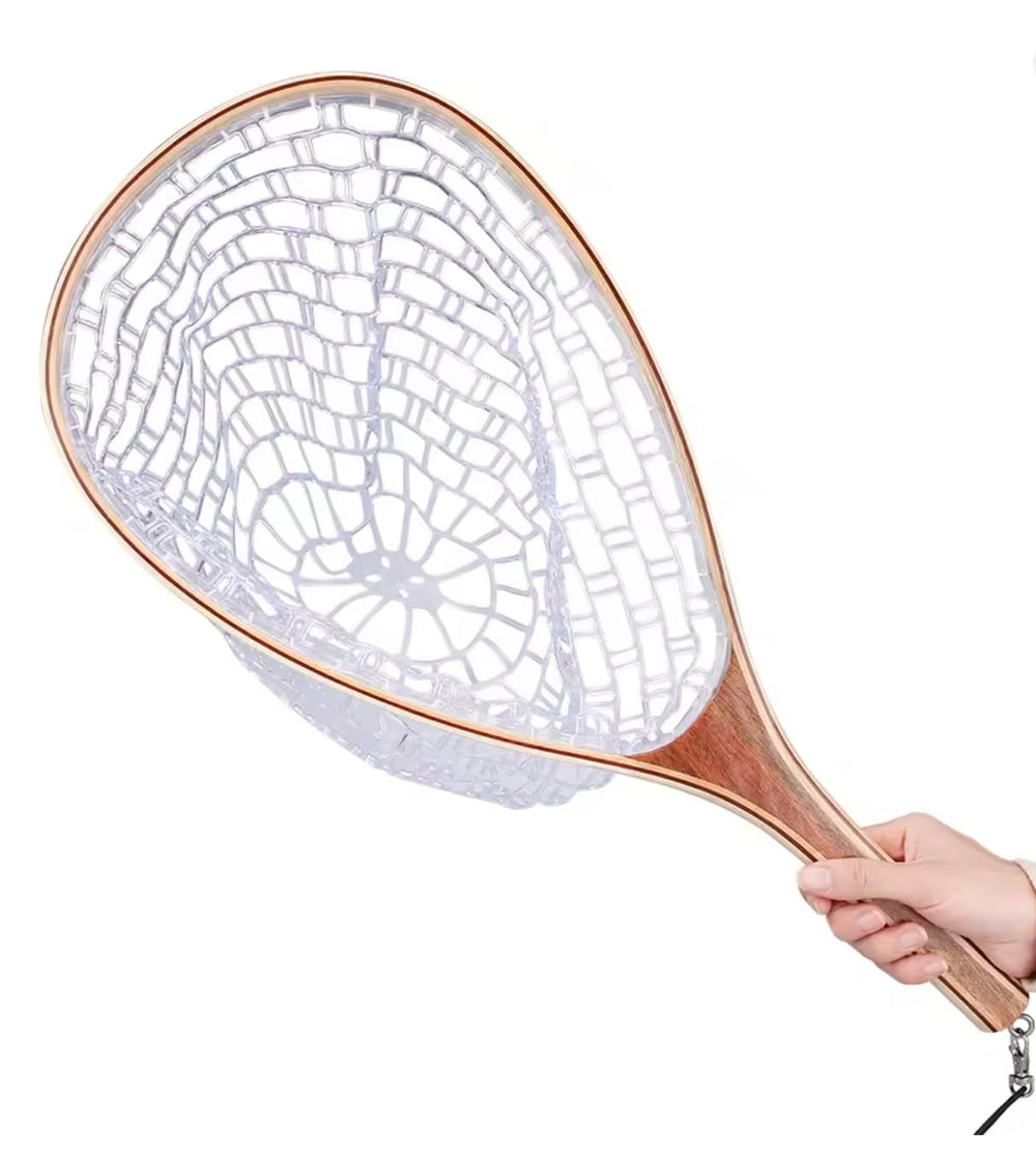 Front view of a fly fishing landing net with a hand-polished wooden handle