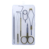 Fly tying tools 6-piece combo kit laid out with scissors, bobbin holder, threader, whip finisher, hackle pliers, and bodkin needle