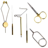 6-piece fly tying tools kit including gold-handle scissors and whip finisher