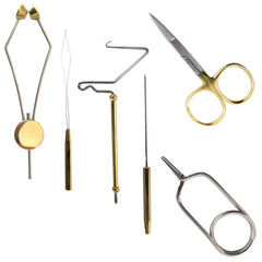 6-piece fly tying tools kit including gold-handle scissors and whip finisher