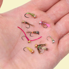 Assorted jigs, perdigons, and leeches in the Fly Crate
