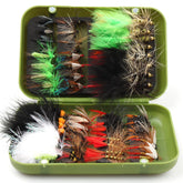 64-piece fly fishing flies assortment kit on display