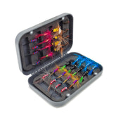 Assorted handcrafted fly fishing flies arranged in a kit