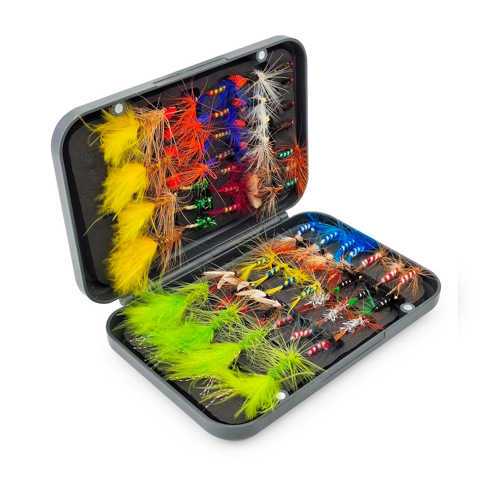 Close-up of handcrafted fly fishing flies from the kit