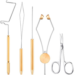 Five-piece stainless steel fly tying tools set including whip finisher knotter, bobbin holder, disc threader, arrow scissors, and winder threader