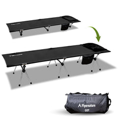 Flyernature ultra-light camping cot folded for easy backpacking portability.