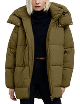 Flygo ArmyGreen mid-length puffer jacket front view for daily warmth and lightweight comfort.