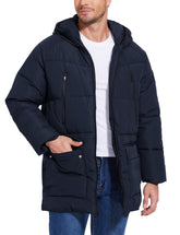 Flygo men's long parka navy hooded front view shows cozy warmth