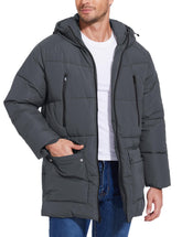 Flygo men's long parka waterproof hood demonstrates all-weather protection for winter commutes.