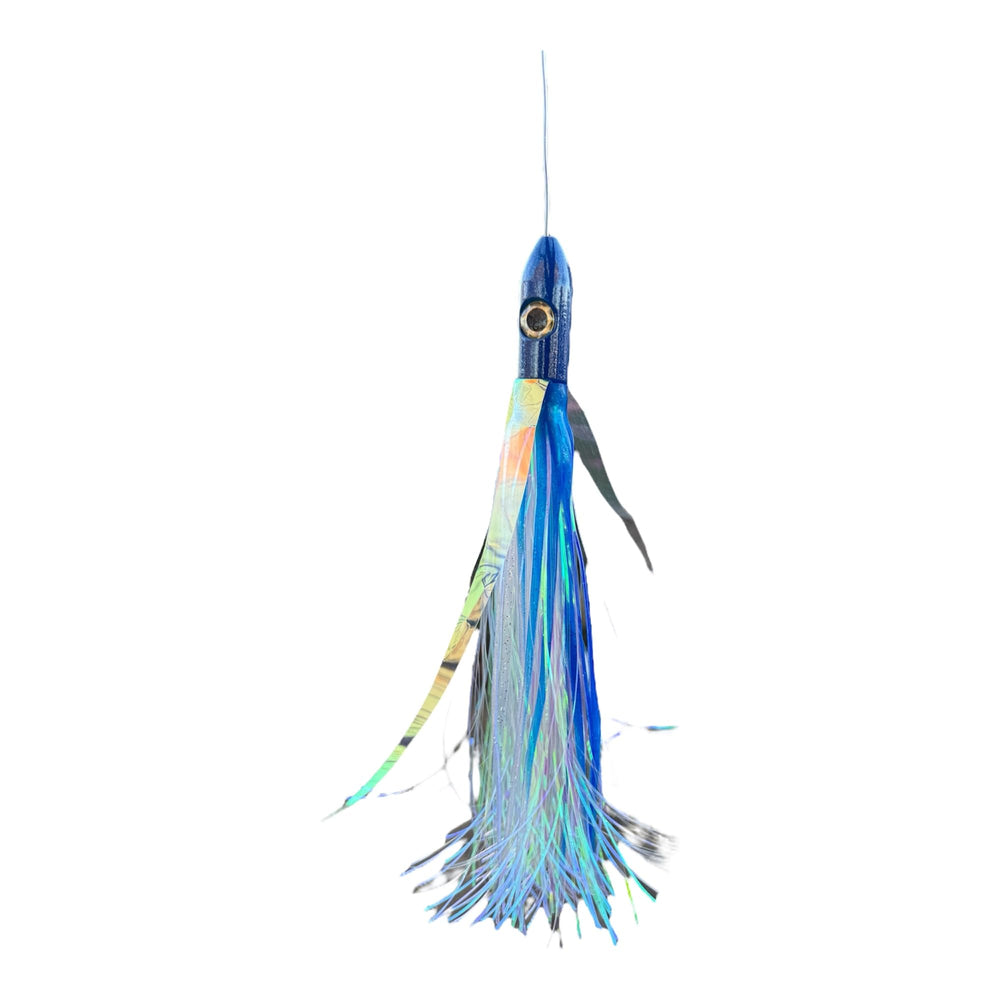 3.5 oz Flying Islander offshore trolling lure in blue/white with Mylar wings for tuna, mahi, and wahoo