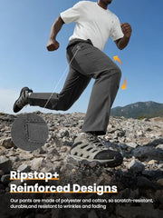 Flyplus men's tactical cargo pants knee mobility shot shows flexible movement.