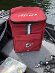 FOCO Atlanta Falcons cooler backpack side pocket highlights extra storage.