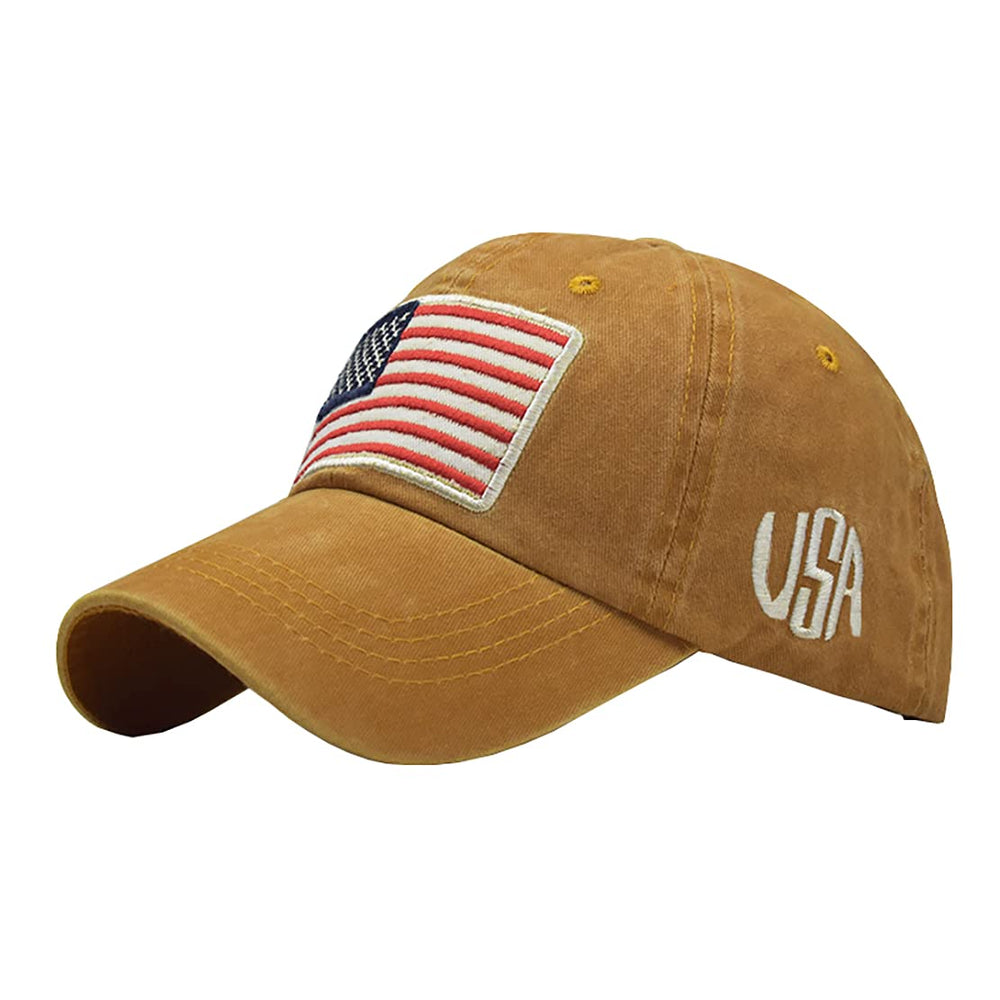 Foetest adjustable baseball cap with American flag motif, yellow, front view, breathable cotton.