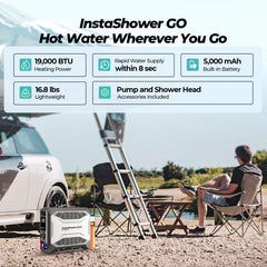 FOGATTI InstaShower GO reaches 125°F max with safe temperature control.