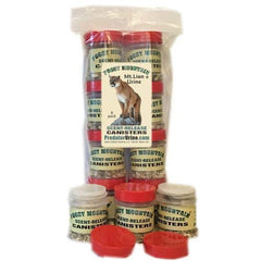 Foggy Mountain Mt. Lion Urine release canisters 8-pack for outdoor wildlife tracking and scent-based deterrence.
