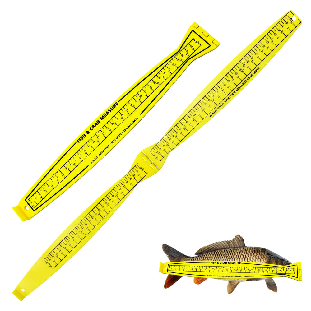 Front view of yellow foldable 32-inch fish measuring board