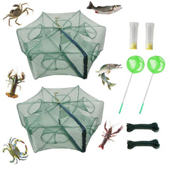 Foldable crab trap opened for compact storage showcasing 360° design