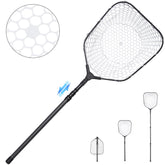 Foldable long fishing landing net with carbon fiber handle and rubber netting (hero image)