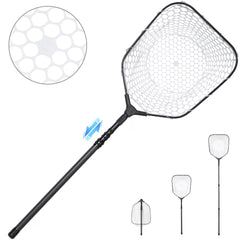 Foldable long fishing landing net with carbon fiber handle and rubber netting (hero image)