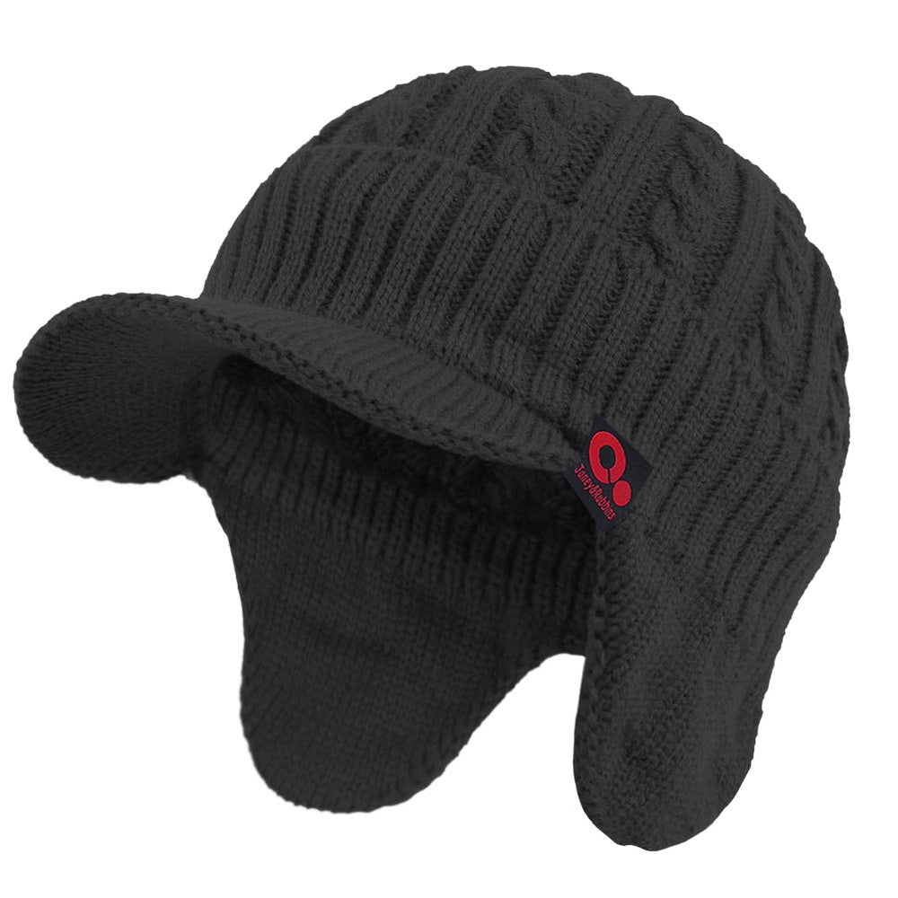 FORDALLIO Winter Ear Warmer Beanie with Visor Black front view
