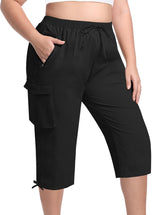 FOREYOND plus-size cargo capris front view highlights lightweight quick-dry fabric for hiking.