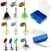 FouceClaus 10pcs Spinner Lures with Tackle Box – front view