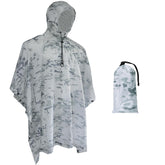 Fousam Camo Rain Poncho folded in its carry bag shows compact, packable rain protection for travel.