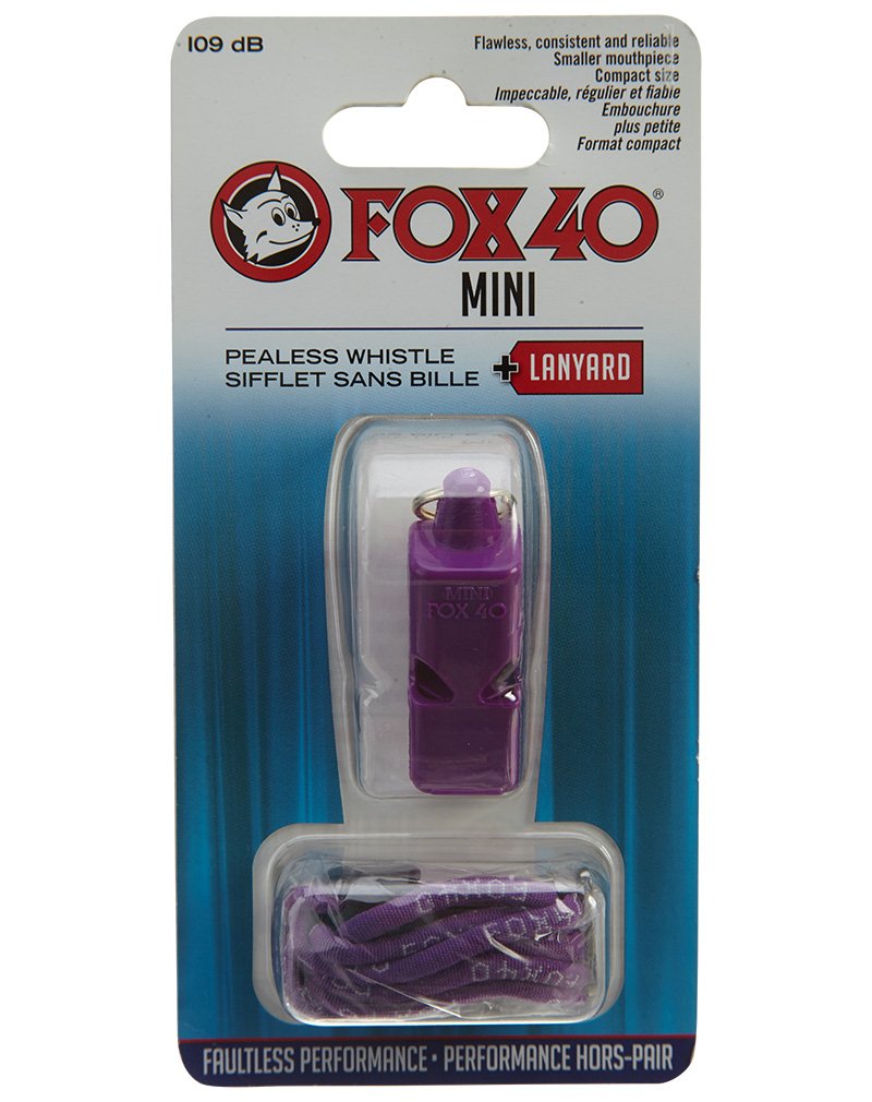 Fox 40 Original Mini Whistle with Purple Lanyard emits a piercing tone for clear outdoor signaling.