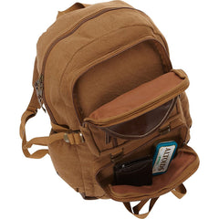 FOX OUTDOOR PRODUCTS Retro Parisian Daypack leather trim close-up emphasizes durable style.