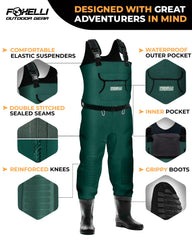 Foxelli Chest Waders double-stitched seams for waterproof reliability.