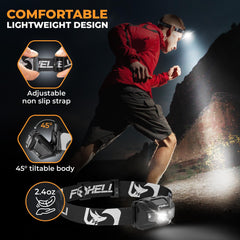 Foxelli headlamp IPX5 waterproof design performs in rain and rugged trails.