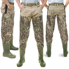 Foxelli hip waders camouflage design blends with habitat for hunting and fishing.