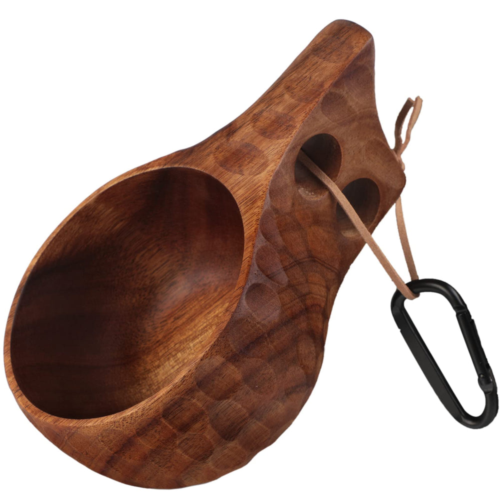 Foxyoo Kuksa mug in acacia wood close-up highlighting rustic texture for camping ambiance.