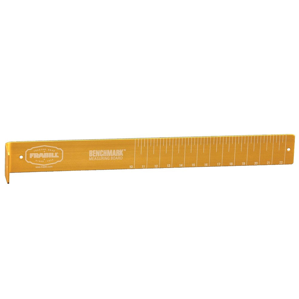 Frabill 1551 Benchmark Measuring Board in gold-anodized aluminum finish, 22 inches long by 2.5 inches wide.