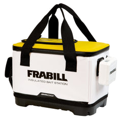 Frabill universal bait station 8qt white frontview promotes organized bait storage for quick access.