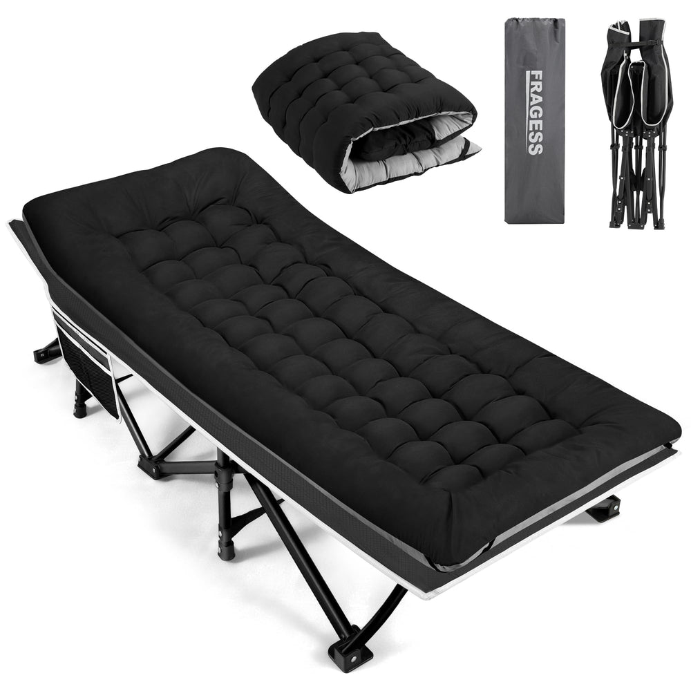 Fragess camping cot setup showing easy unfold and sturdy frame for camping