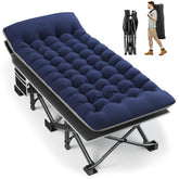 Fragess portable camping cot blue in setup for outdoor sleep and stability