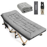 Fragess portable camping cot assembled with a comfortable padded surface for outdoor sleep.