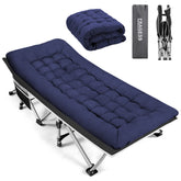 Fragess portable camping cot opened in blue for comfortable outdoor sleep