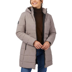 Free Country long mocha puffer jacket pocket detail with secure zippers