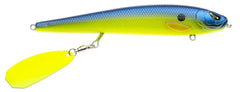 Freedom Tackle Mischief Minnow Blue Bandit: topwater action and clacking sound for bass attraction.