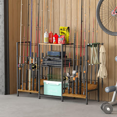 Freestanding fishing rod rack side view showing rustic metal frame
