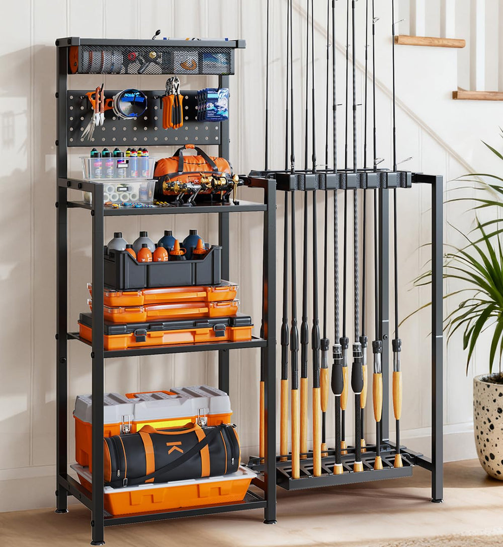 Freexployer fishing rod holders on pegboard keep rods accessible and organized.
