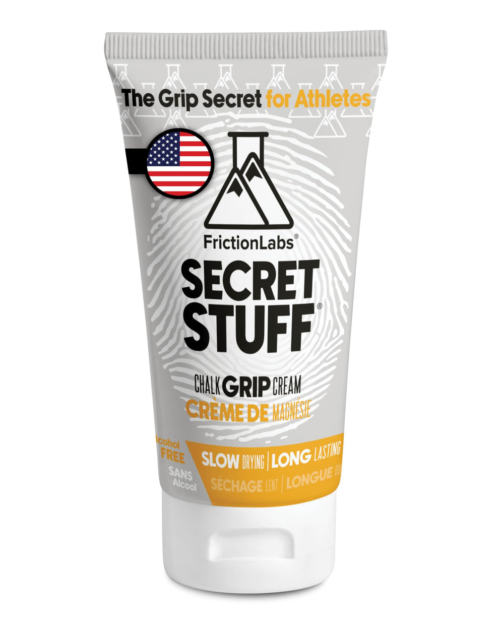 Friction Labs Secret Stuff Liquid Chalk bottle pour enhances grip for climbing and lifting.