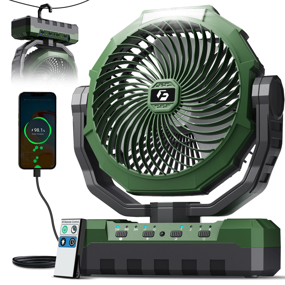 FRIZCOL 3-in-1 camping fan battery life for extended outdoor use.