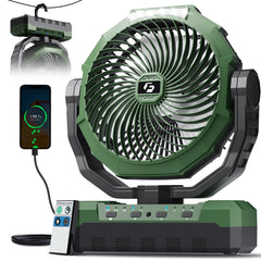 FRIZCOL 3-in-1 camping fan front view shows portable cooling in tent.